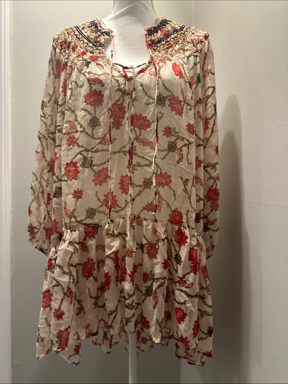 Free People Cream Mini Dress with Red Floral Print